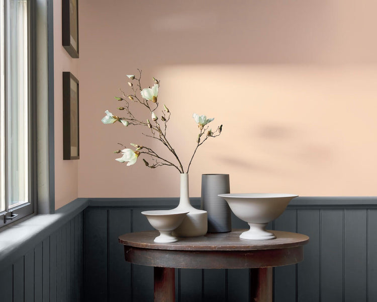 A light peach-painted room contrasted by dark grey wainscoting.